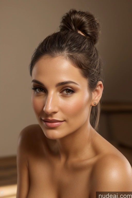 ai nude image of arafed woman with a messy bun top sitting on a bed pics of Model Small Tits Beautiful 40s Sexy Face Brunette Ponytail Jewish 3d Close-up View Dress Nude Traditional Tribal Bright Lighting Detailed