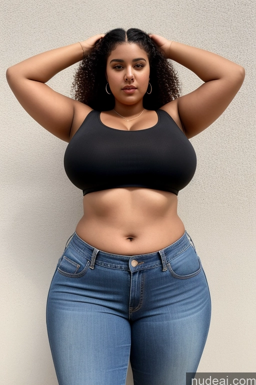 ai nude image of araffe woman in a black top and jeans posing for a picture pics of Big Ass Huge Boobs Woman One 18 Black Hair Curly Hair Arabic Big Hips Chubby Crop Top Jeans