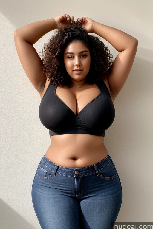 ai nude image of araffe woman in a black bra top and jeans posing for a picture pics of Big Ass Huge Boobs Woman One 18 Black Hair Curly Hair Big Hips Chubby Fat Teacher Arabic Jeans Crop Top