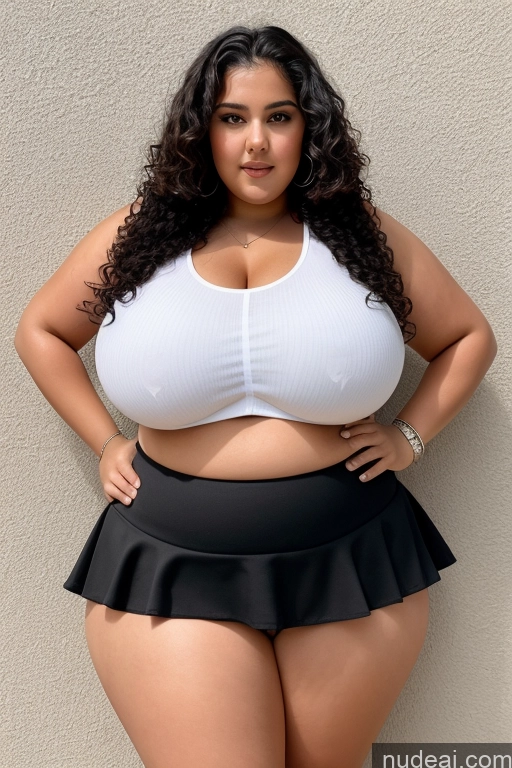 ai nude image of araffe woman in a white top and black skirt posing for a picture pics of Chubby Fat Big Ass Huge Boobs Busty 18 Black Hair Curly Hair Arabic Micro Skirt Crop Top