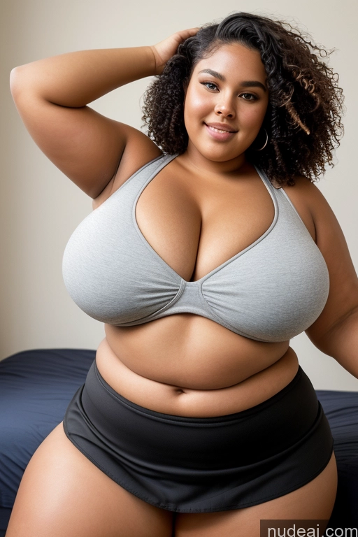 ai nude image of araffe woman in a gray top and black shorts posing for a picture pics of Chubby Fat Big Ass Huge Boobs Busty 18 Black Hair Curly Hair Micro Skirt Crop Top Brazilian