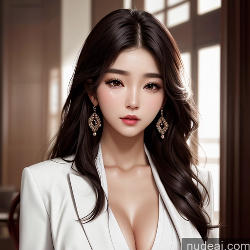 ai nude image of araffe asian woman with long dark hair wearing a white suit pics of Korean Perfect Boobs Suit