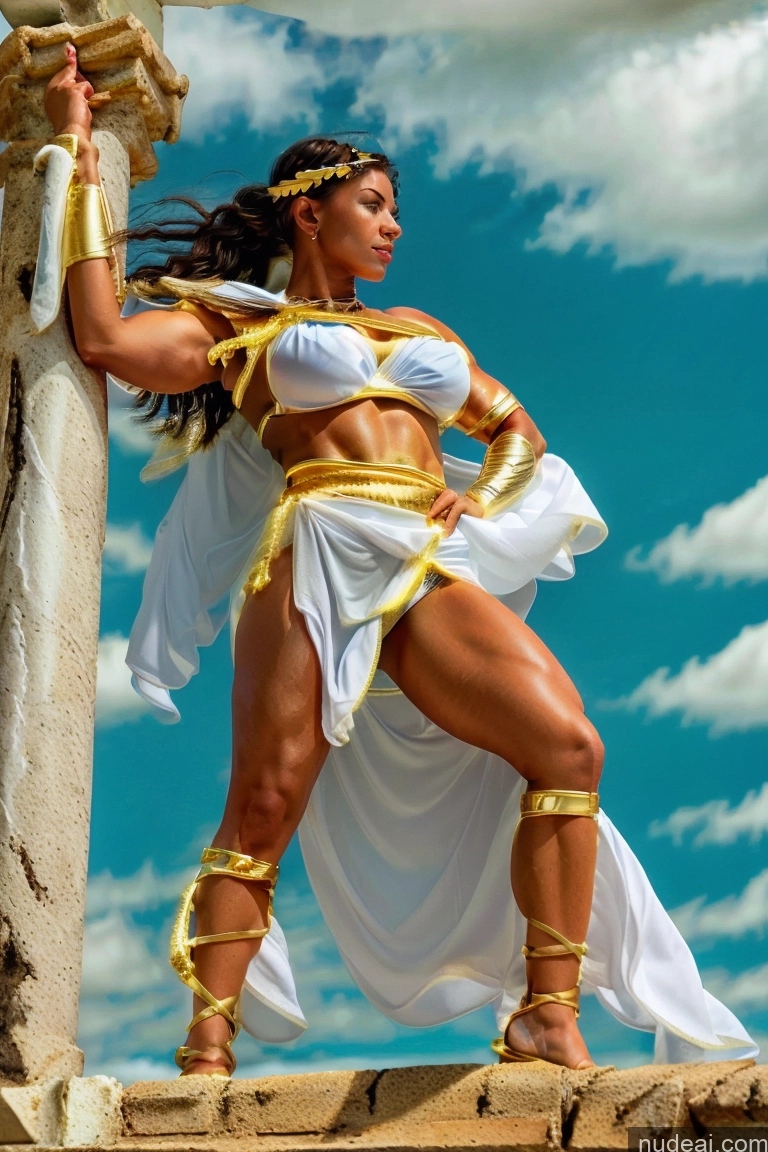 ai nude image of arafed woman in a white dress and gold belt holding a sword pics of Huge Boobs Muscular Abs Menstoga, White Robes, In White And Gold Costumem, Gold Headpiece, Gold Belt, Gold Chain Powering Up Deep Blue Eyes Woman Neon Lights Clothes: Red Neon Lights Clothes: Orange Neon Lights Clothes: Yellow