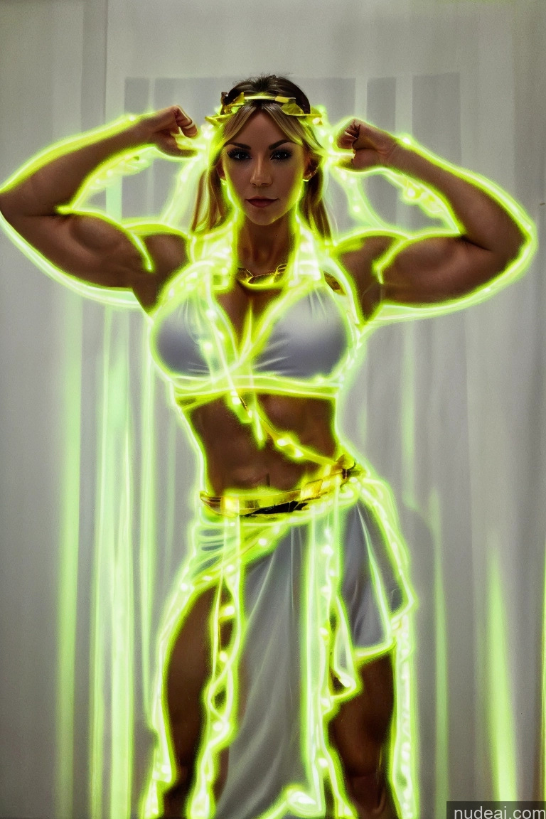 ai nude image of arafed woman in a white dress with neon lights in her hair pics of Huge Boobs Muscular Abs Menstoga, White Robes, In White And Gold Costumem, Gold Headpiece, Gold Belt, Gold Chain Powering Up Deep Blue Eyes Woman Neon Lights Clothes: Orange Neon Lights Clothes: Yellow Neon Lights Clothes: Green