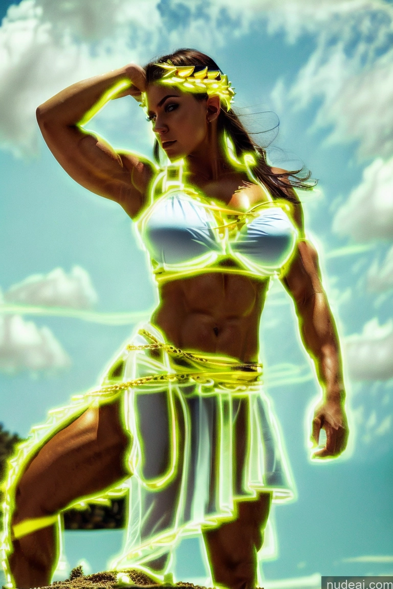 ai nude image of arafed woman in a white bikini top and yellow belt pics of Huge Boobs Muscular Abs Menstoga, White Robes, In White And Gold Costumem, Gold Headpiece, Gold Belt, Gold Chain Powering Up Deep Blue Eyes Woman Neon Lights Clothes: Yellow Neon Lights Clothes: Green