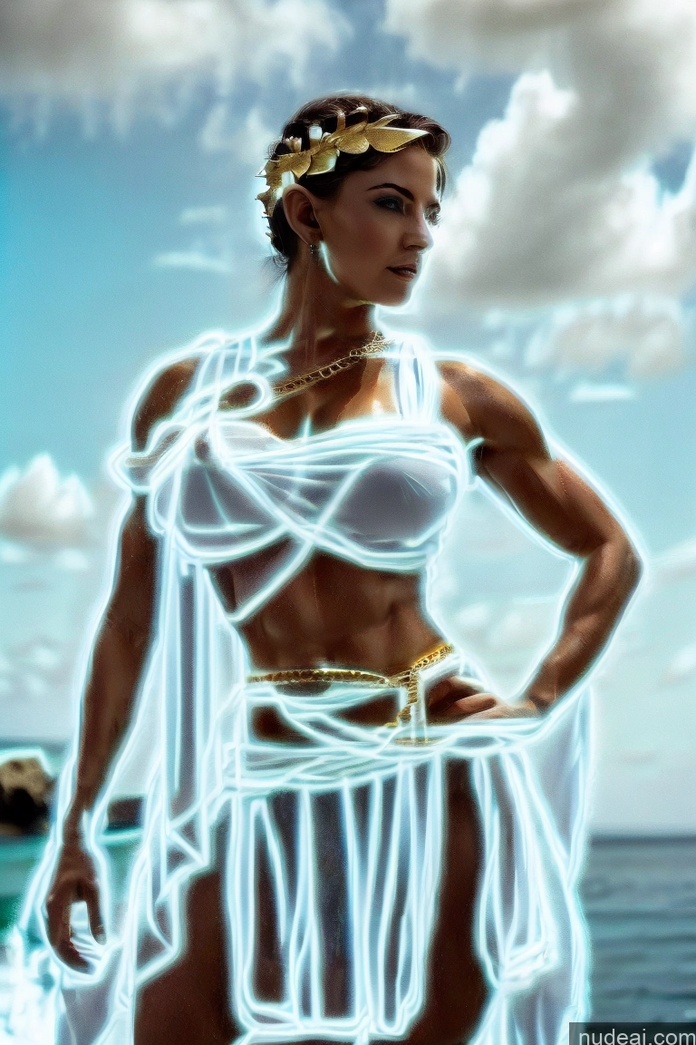 ai nude image of arafed woman in a white dress standing on a beach pics of Huge Boobs Muscular Abs Menstoga, White Robes, In White And Gold Costumem, Gold Headpiece, Gold Belt, Gold Chain Powering Up Deep Blue Eyes Woman Neon Lights Clothes: Green Neon Lights Clothes: Purple Neon Lights Clothes: Blue