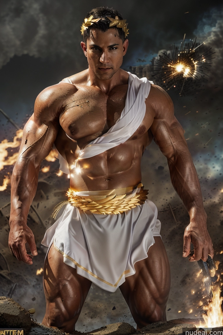 ai nude image of arafed man in a white outfit with a gold crown and a fire pics of Huge Boobs Muscular Abs Menstoga, White Robes, In White And Gold Costumem, Gold Headpiece, Gold Belt, Gold Chain Powering Up Neon Lights Clothes: Purple Battlefield Woman