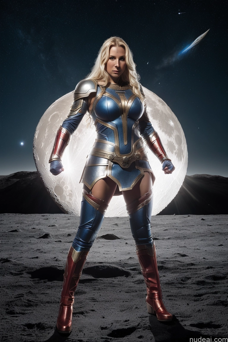 ai nude image of arafed woman in a blue and gold costume standing on a moon pics of Muscular Abs Powering Up Neon Lights Clothes: Purple Superhero Viking Knight Sci-fi Armor Fantasy Armor Medieval Moon Busty Superheroine