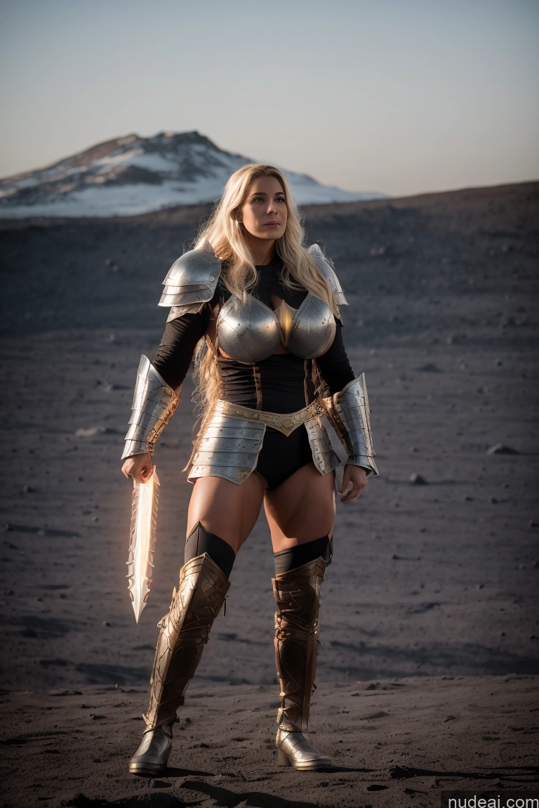 ai nude image of blond woman in armor posing in a desert area with mountains in the background pics of Muscular Abs Powering Up Neon Lights Clothes: Purple Superhero Viking Knight Sci-fi Armor Fantasy Armor Medieval Moon Bodybuilder Huge Boobs Busty Perfect Boobs