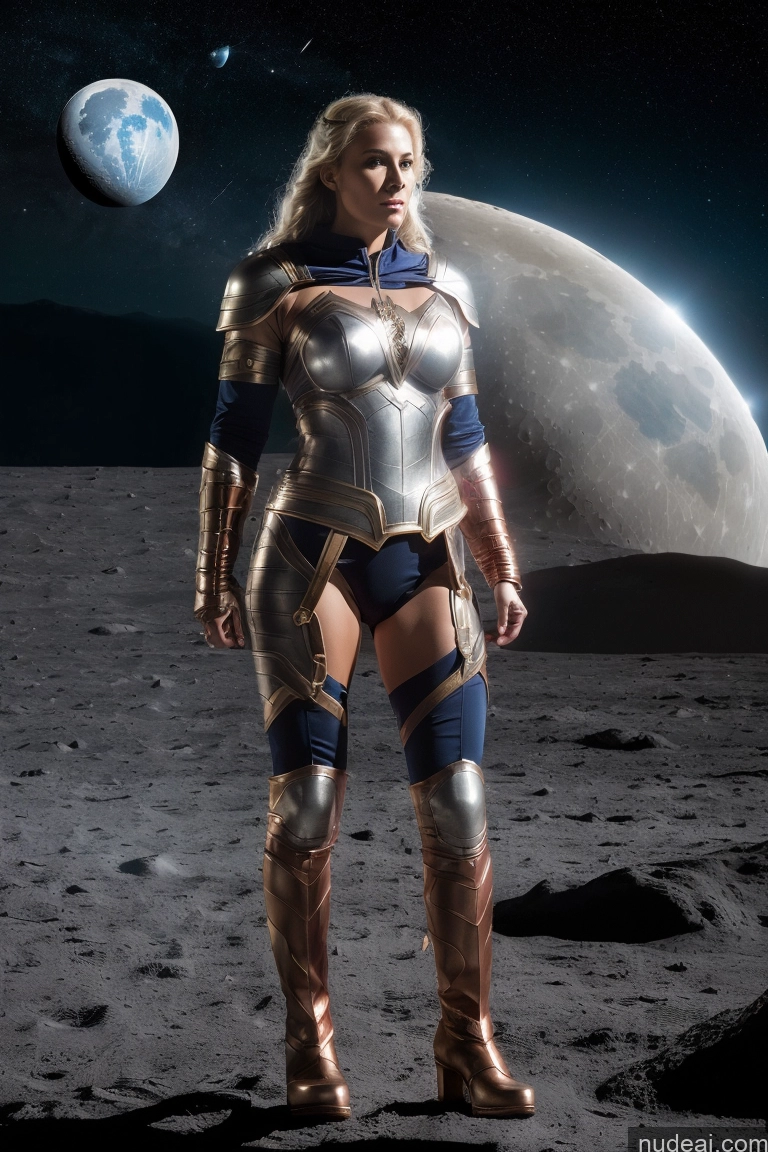 ai nude image of arafed woman in a silver and blue costume standing on a moon pics of Muscular Abs Powering Up Neon Lights Clothes: Purple Superhero Viking Knight Sci-fi Armor Fantasy Armor Medieval Moon Busty Superheroine