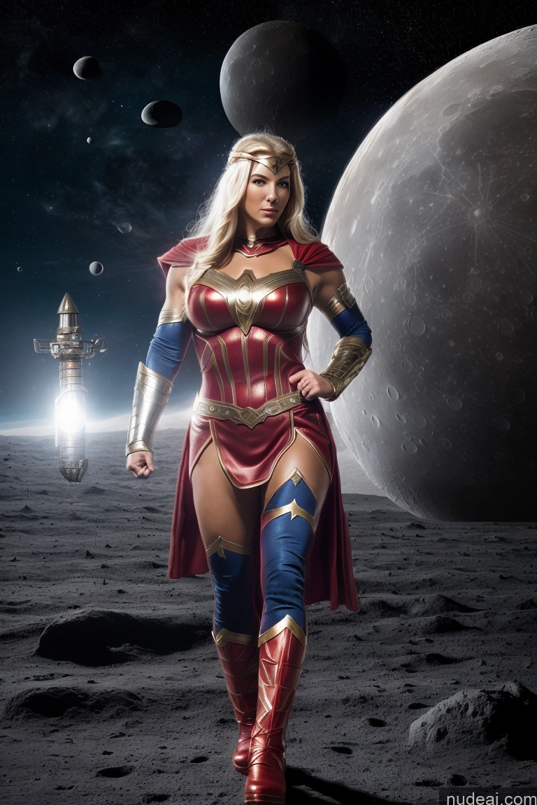 ai nude image of araffe woman in a costume standing on a moon with a rocket in the background pics of Muscular Abs Powering Up Neon Lights Clothes: Purple Superhero Viking Knight Fantasy Armor Medieval Moon Busty Superheroine