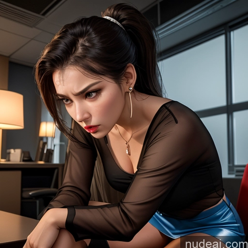 ai nude image of there is a woman sitting on a chair in a room pics of Woman One Perfect Boobs Long Legs Perfect Body 30s Angry Brunette Ponytail Korean Soft + Warm Office Bending Over Blouse High Heels Mini Skirt Stockings Transparent Jewelry Dark Lighting Front View