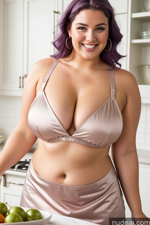 ai nude image of arafed woman in a satin dress standing in a kitchen with fruit pics of 30s Thick Chubby Fat Busty Laughing Apron Satin Nude Close-up View Happy Cleavage Oiled Body Purple Hair Two