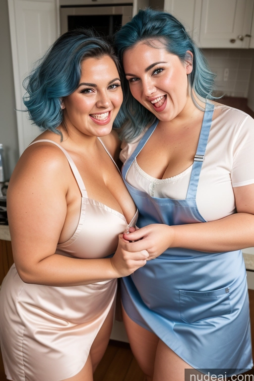 ai nude image of two women in lingersuits posing for a picture in a kitchen pics of 30s Thick Chubby Fat Busty Laughing Apron Satin Nude Close-up View Happy Cleavage Oiled Body Two Blowjob Blue Hair