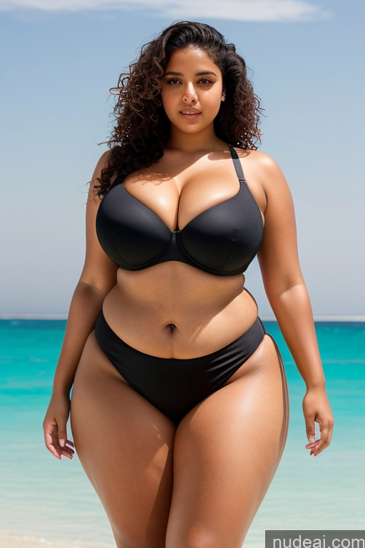 ai nude image of araffe woman in a black bikini standing on a beach pics of Woman Huge Boobs Big Ass Thick Big Hips Fat Tanned Skin 18 Black Hair Curly Hair Arabic Bikini Bra