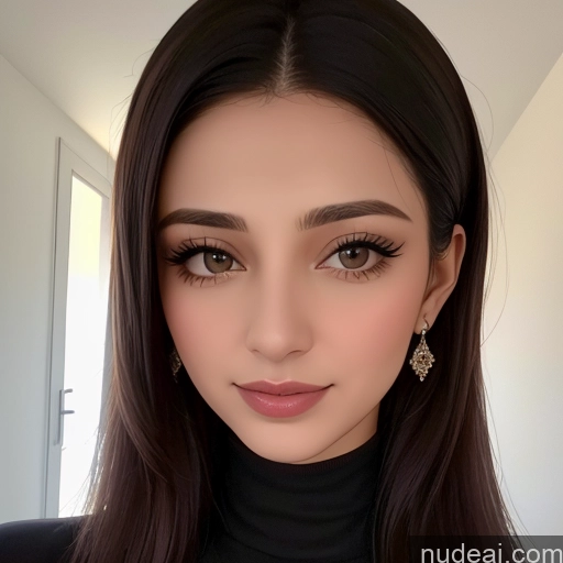 ai nude image of a close up of a woman with long hair wearing a black turtle neck top pics of Turkish Fat High Cheekbones Over-the-shoulder Look