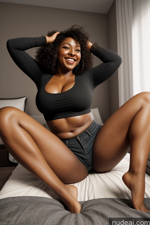 ai nude image of there is a woman sitting on a bed with her legs crossed pics of One Big Hips Abs Big Ass Dark Skin 20s Black 3d Dark Lighting Short Chubby Happy Brunette Short Shorts Shirt Casual Woman Thick Sexy Face Curly Hair Bedroom