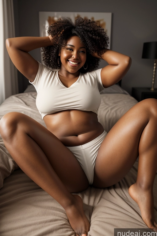 ai nude image of there is a woman sitting on a bed with her legs crossed pics of One Big Hips Abs Big Ass Dark Skin 20s Black 3d Dark Lighting Short Chubby Happy Brunette Short Shorts Shirt Casual Woman Thick Sexy Face Curly Hair Bedroom