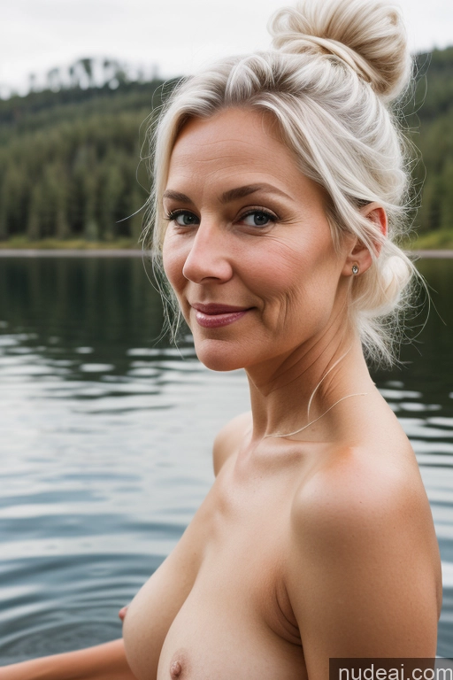 ai nude image of blond woman with a nice breast posing in front of a lake pics of Woman One Beautiful Soft + Warm Lake Detailed Nude Sexy Face Hair Bun 70s White Hair Scandinavian Front View