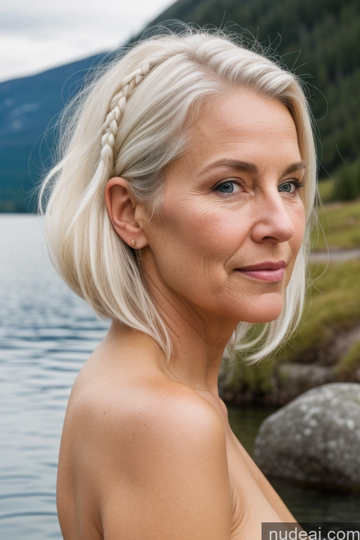 ai nude image of blond woman with braid hair standing in front of a body of water pics of Woman One Beautiful Soft + Warm Lake Detailed Nude Sexy Face Hair Bun 70s White Hair Scandinavian Front View