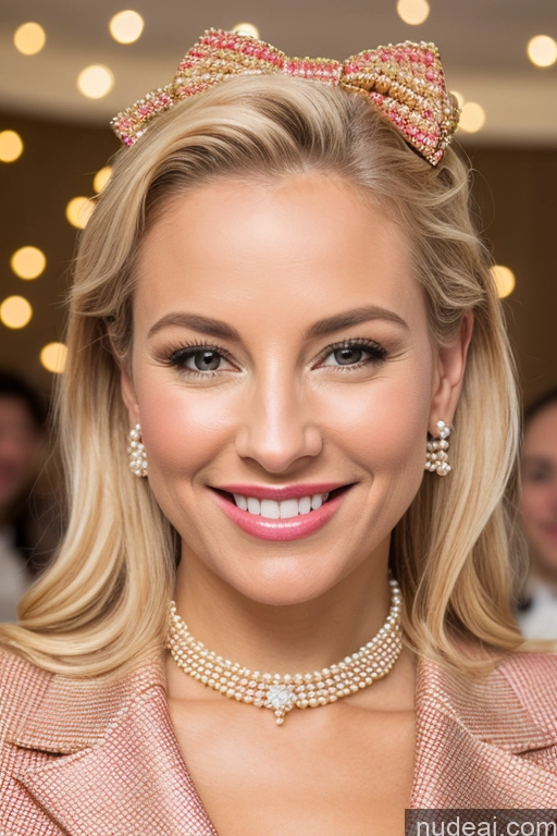 ai nude image of arafed blonde woman with a tiara and pearl necklace smiling pics of Woman Blonde Party Happy Bow Tie Bows Blouse Jacket Long Skirt Tie 50s Diamond Jewelry Gold Jewelry Jewelry Pearl Jewelry