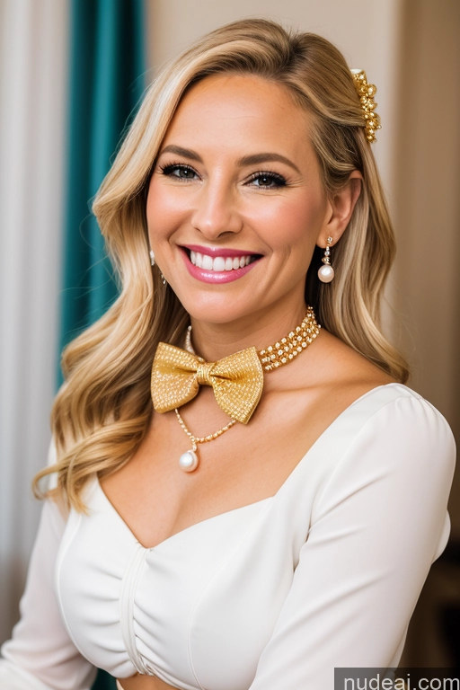 ai nude image of blonde woman with a bow tie and pearl necklace smiling pics of Woman 50s Happy Blonde Party Blouse Bow Tie Bows Jacket Long Skirt Tie Diamond Jewelry Gold Jewelry Jewelry Pearl Jewelry