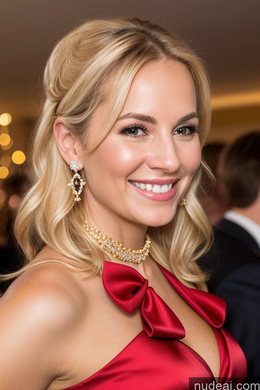 ai nude image of blond woman in red dress smiling at camera with other people in background pics of Woman 50s Happy Blonde Party Blouse Bow Tie Bows Jacket Long Skirt Tie Diamond Jewelry Gold Jewelry Jewelry Pearl Jewelry