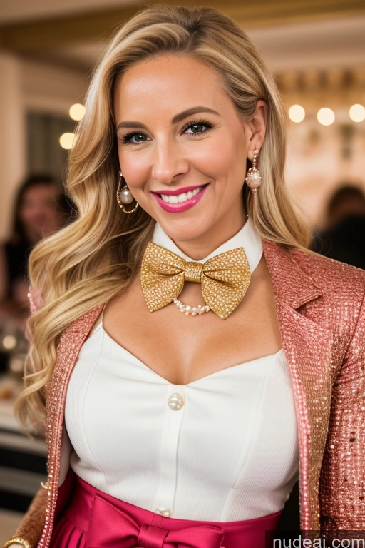 ai nude image of blonde woman with a gold bow tie and a white shirt pics of Woman 50s Happy Blonde Party Blouse Bow Tie Bows Jacket Long Skirt Tie Diamond Jewelry Gold Jewelry Jewelry Pearl Jewelry