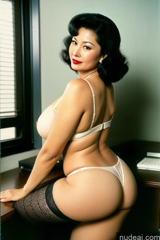 ai nude image of arafed woman in a white bra and black stockings posing for a picture pics of Busty Lipstick Black Hair Asian Milf 60s Seductive Vintage Front View Spreading Legs Beautiful Professor