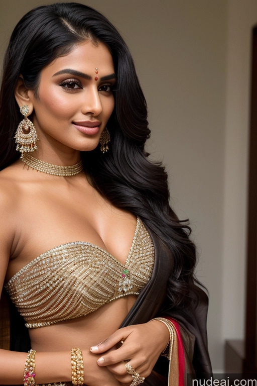 ai nude image of a close up of a woman in a gold dress with a red and black shawl pics of Miss Universe Model Perfect Boobs Black Hair Jewelry Two Long Hair Indian 20s Sari