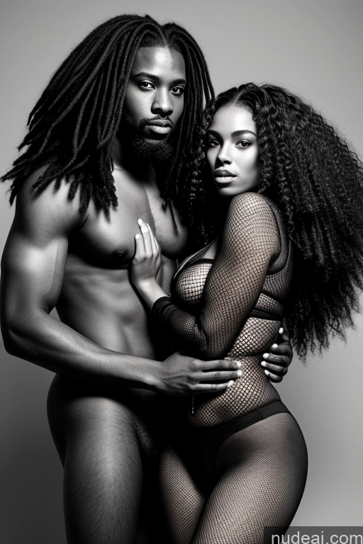 ai nude image of arafed man and woman posing in fishnets and posing for a photo pics of Two Small Tits Perfect Boobs Skinny Perfect Body Pubic Hair Tanned Skin 20s Brunette Black And White Simple Front View Straddling Fishnet Dark Lighting African Woman + Man Muscular Sexy Face Long Hair