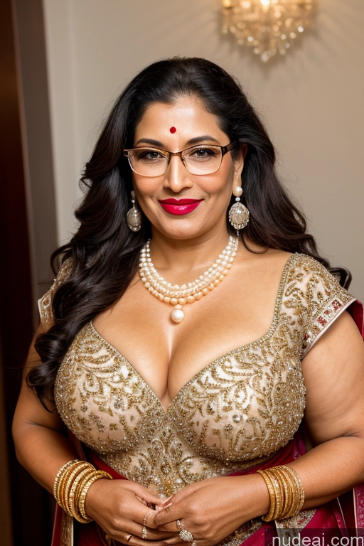 ai nude image of araffe woman in a gold and red sari posing for a picture pics of Milf Beautiful Glasses Lipstick Big Ass Chubby Big Hips Pubic Hair 40s Long Hair Indian Pearl Jewelry Gold Jewelry Diamond Jewelry Wedding