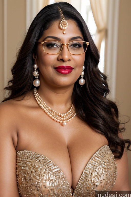 ai nude image of araffe woman in a gold dress and glasses posing for a picture pics of Beautiful Glasses Lipstick Big Ass Chubby Big Hips Pubic Hair Long Hair Indian Pearl Jewelry Gold Jewelry Diamond Jewelry Wedding Woman Nude 50s