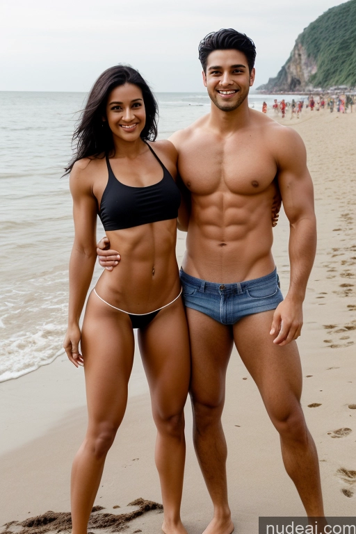 ai nude image of there are two people standing on the beach posing for a picture pics of Beautiful Muscular Small Ass Skinny Abs 20s Happy Seductive Black Hair Straight Film Photo Woman + Man Two Italian Busty Dark Skin Short Beach T-pose Topless Jeans