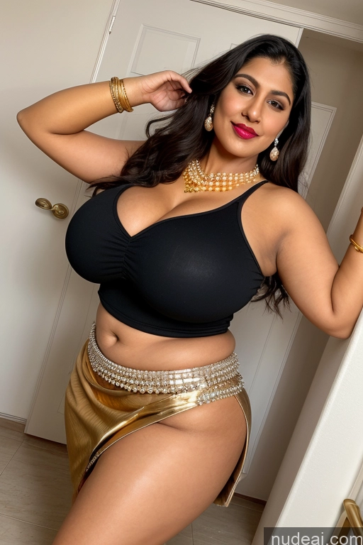 ai nude image of araffe woman in a black top and gold skirt posing for a picture pics of Spreading Legs Big Ass Big Hips Pubic Hair Beautiful Lipstick Long Hair Indian Pearl Jewelry Gold Jewelry Jewelry Diamond Jewelry 20s Huge Boobs Milf Micro Skirt