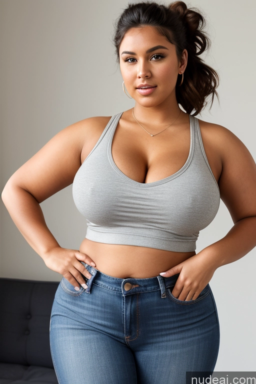 ai nude image of araffe woman in a gray top and jeans posing for a picture pics of Woman Perfect Boobs Beautiful Big Ass Thick Fat Big Hips Perfect Body Tanned Skin 18 Black Hair Hair Bun Czech Blouse Jeans Busty Tank Top