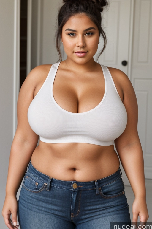 ai nude image of arafed woman in a white top and jeans posing for a picture pics of Woman Perfect Boobs Beautiful Big Ass Thick Fat Big Hips Perfect Body Tanned Skin 18 Black Hair Czech Blouse Jeans Busty Tank Top Hair Bun