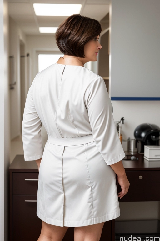 ai nude image of there is a woman in a white robe standing in a bathroom pics of One Brunette Swedish Back View Simple Alternative Chubby 60s Big Ass Doctor Short Hair