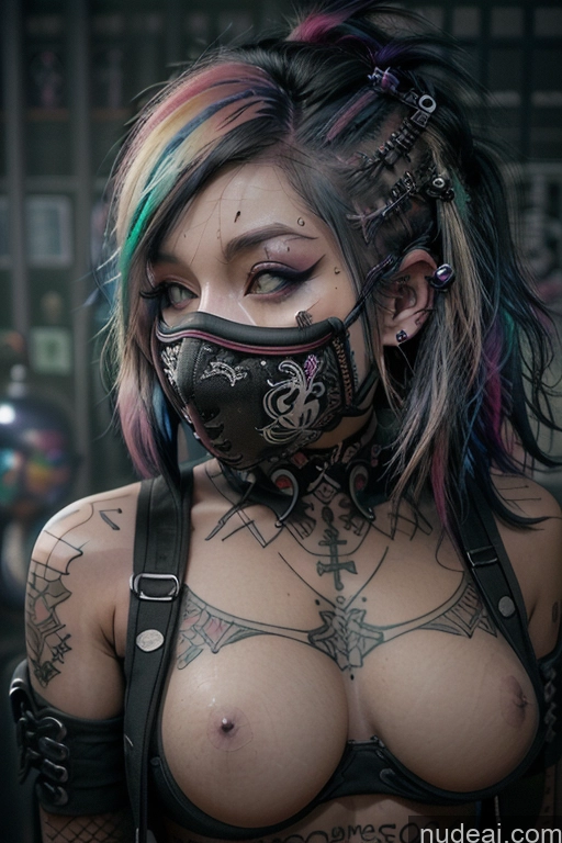 ai nude image of arafed woman with colorful hair and a mask on her face pics of Athlete Czech Rainbow Haired Girl Busty Face Mask Gothic Punk Girl Tattoos Spread_legs, Pussy, Split_legs Perfect Boobs Close-up View