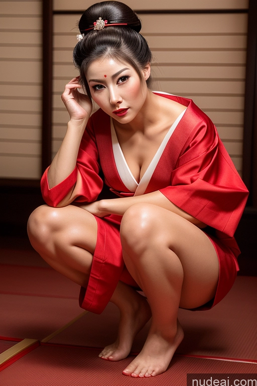 ai nude image of araffe woman in a kimono sitting on the floor with her legs crossed pics of Beautiful Skinny 40s Sexy Face Seductive Brunette Squatting Hair Bun Geisha