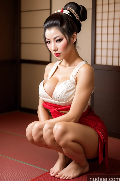 ai nude image of araffe asian woman in a white top and red skirt sitting on a red mat pics of Beautiful Skinny 40s Sexy Face Seductive Brunette Squatting Hair Bun Geisha