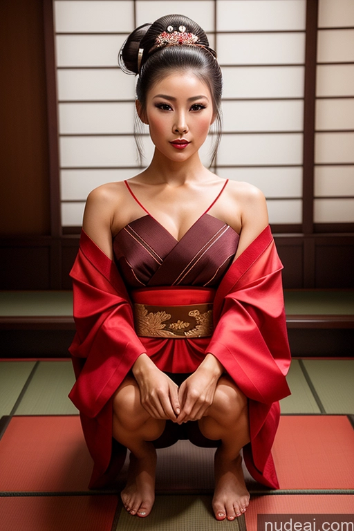 ai nude image of araffe woman in a kimono sitting on a mat in a room pics of Beautiful Skinny 40s Sexy Face Seductive Brunette Squatting Hair Bun Geisha