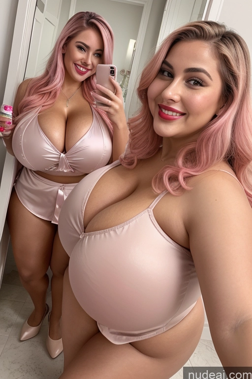 ai nude image of there is a woman in a pink bra top taking a selfie pics of Woman Busty Beautiful Lipstick Big Ass Thick Chubby Happy Long Hair Pink Hair Oiled Body Egyptian Bathroom Nude Blouse Satin Two Mirror Selfie Huge Boobs 30s