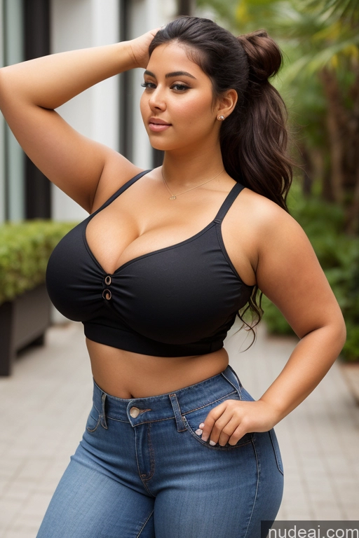 ai nude image of araffed woman in a black bra top and jeans posing for a picture pics of Woman Busty Perfect Boobs Beautiful Big Ass Thick Fat Big Hips Perfect Body Tanned Skin 18 Black Hair Hair Bun Czech Blouse Jeans Crop Top