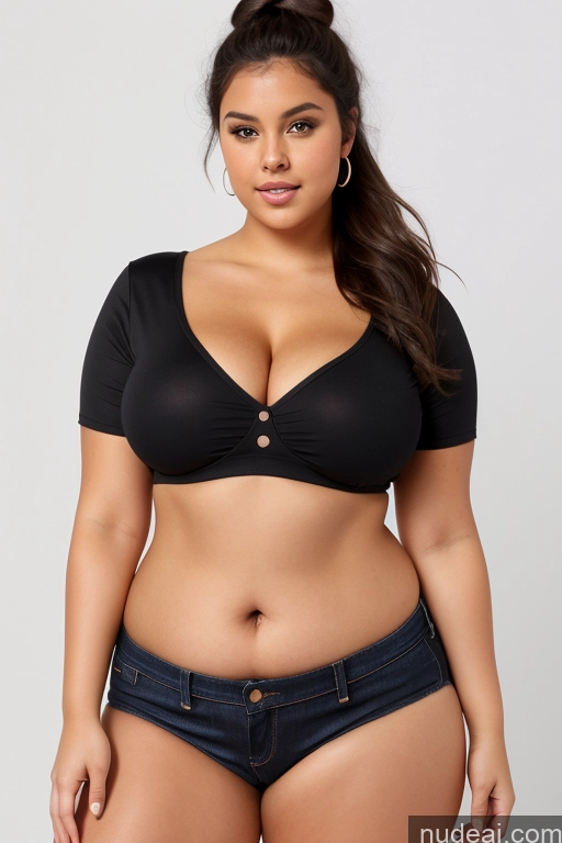 ai nude image of arafed woman in a black bra top and denim shorts pics of Woman Busty Perfect Boobs Beautiful Big Ass Thick Fat Big Hips Perfect Body Tanned Skin 18 Black Hair Hair Bun Czech Blouse Jeans Crop Top