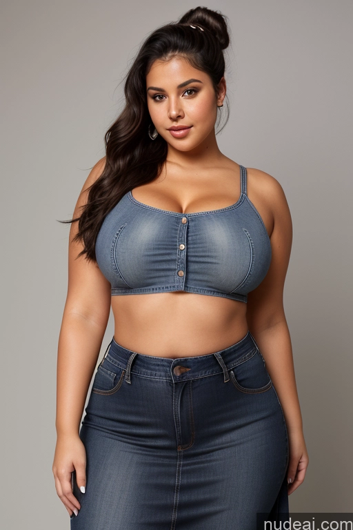 ai nude image of arafed woman in a denim skirt and a denim bra top pics of Woman Busty Perfect Boobs Beautiful Big Ass Thick Fat Big Hips Perfect Body Tanned Skin 18 Black Hair Hair Bun Czech Crop Top Blouse Jeans Long Skirt