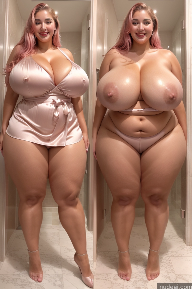 ai nude image of araffe woman in a pink satin dress and a woman in a pink satin dress pics of Woman Busty Beautiful Lipstick Big Ass Thick Chubby Happy Long Hair Pink Hair Oiled Body Egyptian Bathroom Nude Satin Mirror Selfie Huge Boobs 30s Apron Onoff