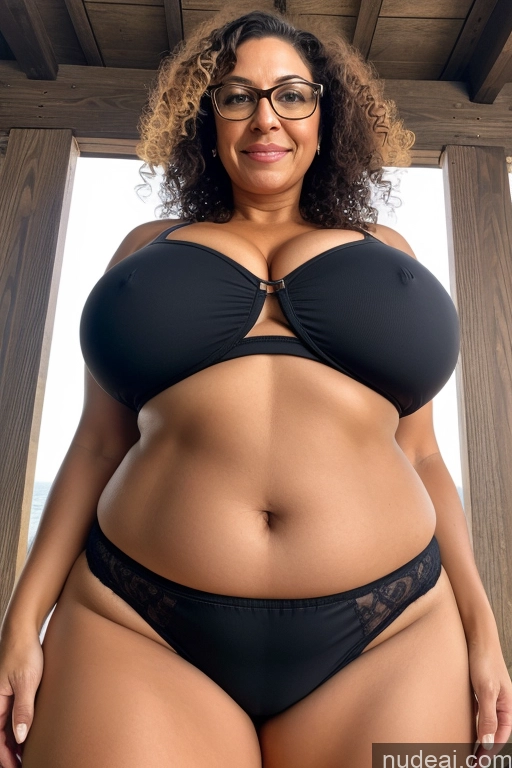 ai nude image of araffe woman in a black bikini and glasses posing for a picture pics of Milf One Huge Boobs Big Ass Glasses 40s Ahegao Brunette Curly Hair Lake Latina Perfect Body Front View Crop Top Soft + Warm Panties Partially Nude