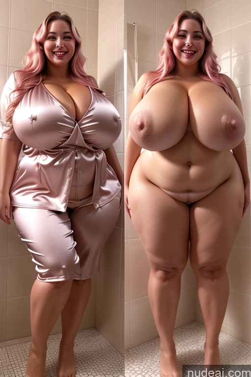 ai nude image of araffe woman in a pink dress standing in a shower next to a woman in a pink dress pics of Woman Busty Beautiful Lipstick Big Ass Thick Chubby Happy Long Hair Pink Hair Oiled Body Egyptian Bathroom Nude Satin Huge Boobs 30s Onoff Blouse