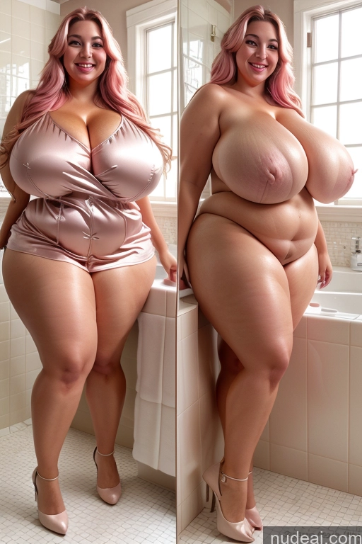 ai nude image of araffe woman in a pink dress posing in a bathroom pics of Woman Busty Beautiful Lipstick Big Ass Thick Chubby Happy Long Hair Pink Hair Oiled Body Egyptian Bathroom Nude Satin Huge Boobs 30s Onoff Blouse